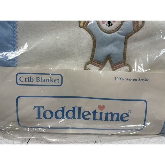 Vintage Toddlertime Blue Trim Baby Blanket Teddy Bear Woven Acrylic 36x45 NOS - Picture 3 of 8